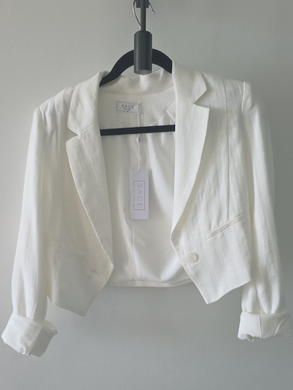 Sage White Cropped Linen-Blend Blazer
